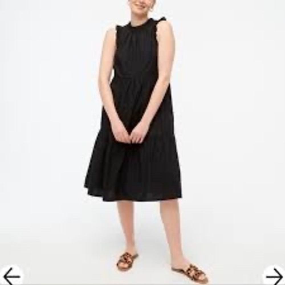 J.Crew Tiered Midi Dress Women 6 Black EUC Cotton Poplin Ruffle High‎ Neck